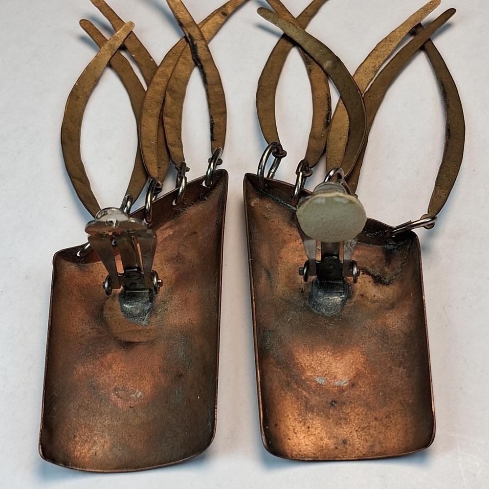 Vintage MCM Brutalist Copper Clip On Earrings Mixed Metal Dangle Artisan Studio - Picture 6 of 8